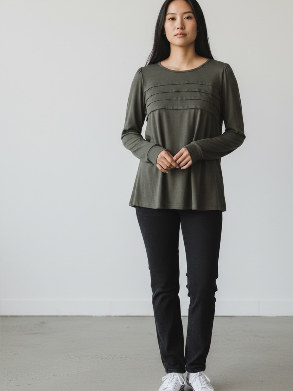Pleated Detail Long-Sleeve Top in Olive Green